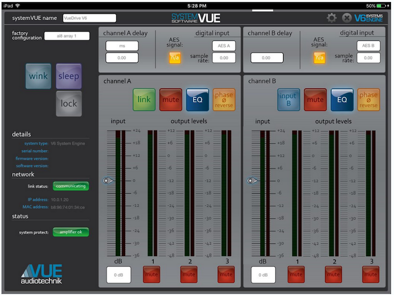 iPad version of SystemVUE Version 3.8.20 V6 VUEDrive Control Window on iOS 10.