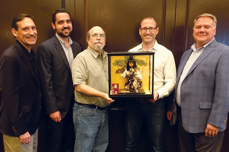 Pictured L-R: Phil Cajka, Audio-Technica President & C.E.O.; Corey Conway, Audio-Technica Territory Manager, Professional Markets; Dominic Troilo, Lienau AV Associates; Chris Hutnick, Lienau AV Associates; Reid Peterson, Audio-Technica Director of Sales, Professional Markets. Photo by Corey Walthall, Clyne Media.