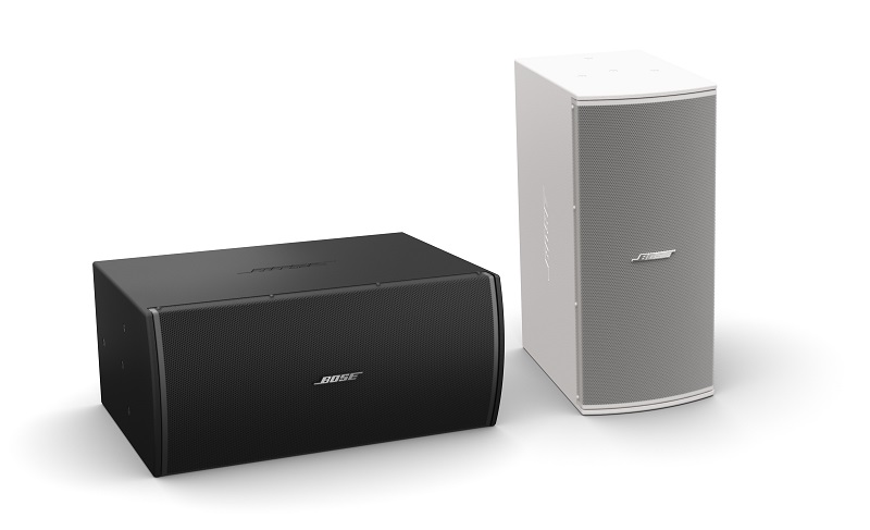 Pictured L-R: Bose Professional MB210 Compact Subwoofer in black (shown in horizontal configuration) and white (shown in vertical configuration).