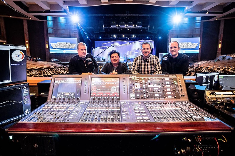 From left, Tom Spindler, Next Gen audio director; Josh Gonzalez, monitor engineer; Dan Smith, FOH engineer; Matt Wentz, audio systems engineer. Photo by Ben Gustafson.