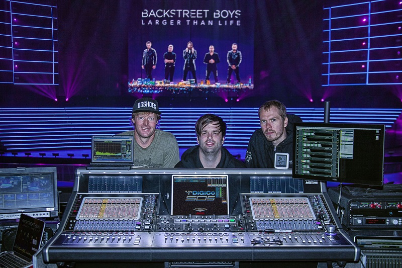 (L-R): Backstreet Boys FOH engineer James McCullagh, monitor engineer Austin Schroeder and playback engineer Romain Garnier at Larger Than Life’s DiGiCo SD5 FOH desk