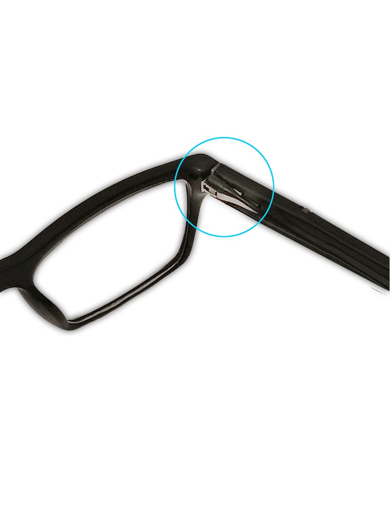 Mr. Rotellini’s glasses with the mounted Countryman B6 Omnidirectional Lavalier Microphone (circled).