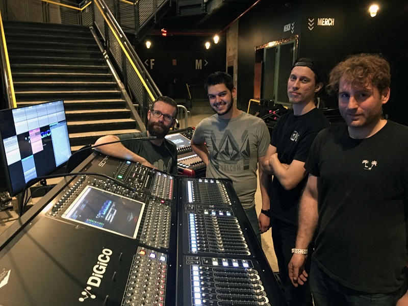 Brooklyn Steel’s house audio crew—(L-R) James Lawrenson, Jacob Ferrante, Jeff Peterson and Kyle Lawrence—with the venue's DiGiCo SD10 and SD9 digital mixing consoles