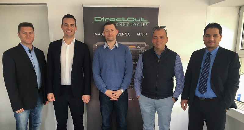 (from left to right): Luca Giaroli (BDM DirectOut), Sam Brandon (MD GSL), Jan Ehrlich (CEO DirectOut), Takis Tsonopoulos (CM GSL), Abboud Aljuneidi (EDM GSL)