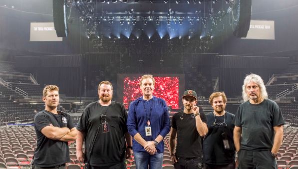 (L-R) PA Tech Mark Phillips; System Engineer/Audio Crew Chief Kyle Walsh; FOH Engineer Kevin Elson; Monitor Engineer/RF Tech John Eline; Monitor Tech Nathan Fenchak; PA Tech Marty Tarle
