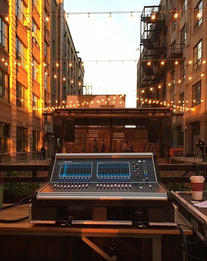 The DiGiCo S21 desk and Bose ShowMatch DeltaQ line array system in place for Brooklyn’s “Sunset Sounds” concert series at Industry City