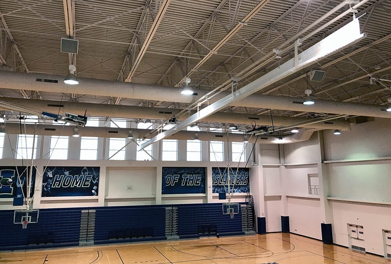 Two Danley SM-80 loudspeakers cover each side of the court (four total), and two more SM-80s cover the court itself and the roll-in bleachers at either end.