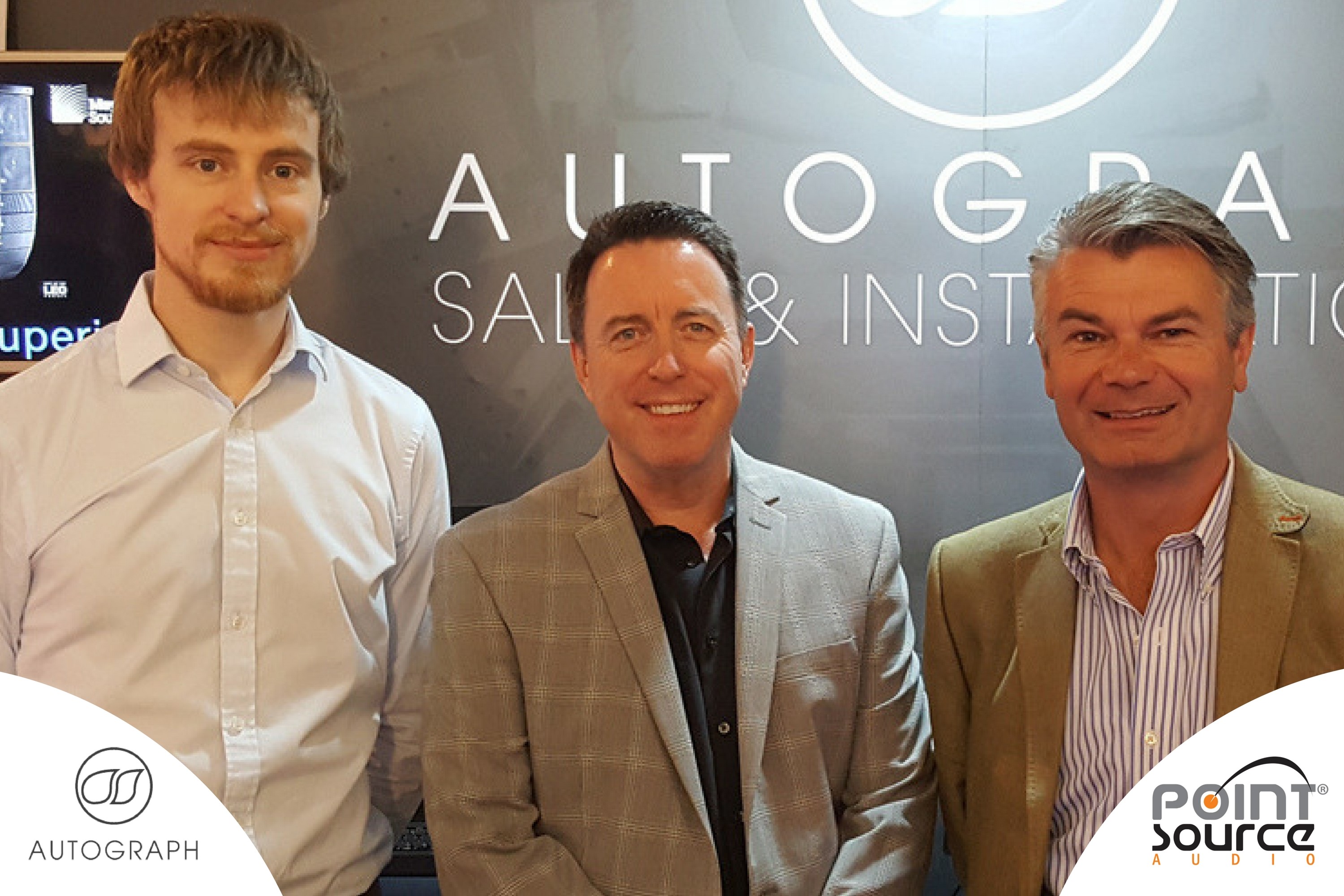 (L-R) Autograph’s Technical Sales Manager, Chris Austin, Point Source Audio President James Lamb, and Duncan Bell, Director at Autograph finalize on their alliance