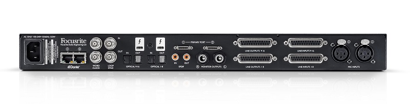 Rear panel of Focusrite Red 16Line 64-in/64-out Pro Tools | HD and dual Thunderbolt 3 audio interface.