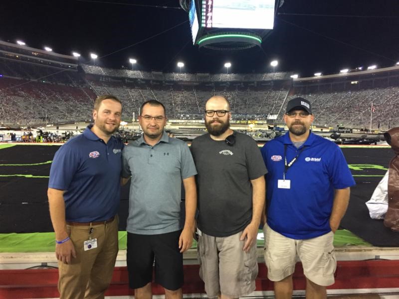 From Left to Right: Adam Rust of Bristol Motor Speedway, Bobby George of Spectrum Sound, Zeb Chamlee of Spectrum Sound, Josh King Bristol Motor Speedway Operations Supervisor