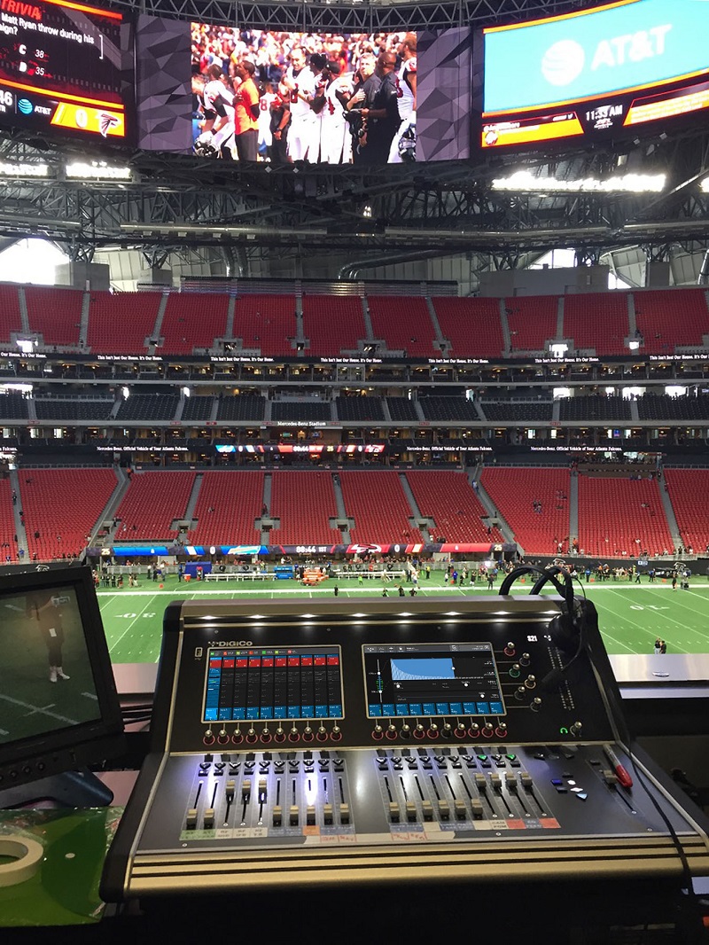 One of CP Communications’ 17 DiGiCo S21 desks at Mercedes-Benz Stadium, the new “nest” of the NFL Atlanta Falcons