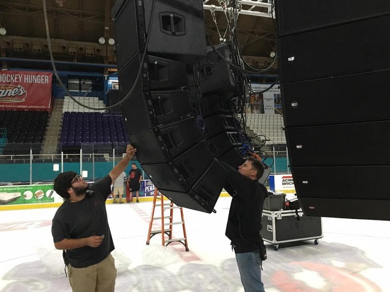 The design for the 4,000 seat multi-purpose arena called for a center box truss system with four line array hangs, each comprised of five RCF HDL20-A dual 10” active line array cabinets complimented with a single HDL18-AS subwoofer.
