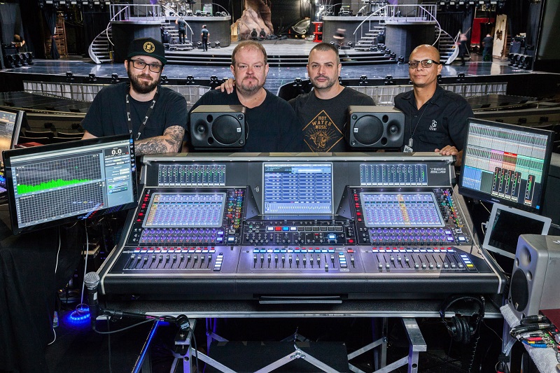 Left to right: AXIS Production Supervision and Head of Audio Eric Fish, AXIS A2 Norm Smeltzer, Monitor Engineer Josh Peixoto and AXIS A1 Julio Valdez at Rob “Cubby” Colby’s DiGiCo SD5 FOH desk deployed for Britney: Piece of Me (c) Fred Morledge