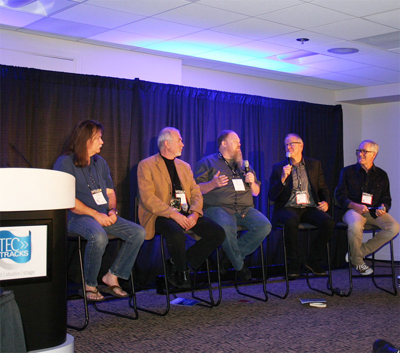 'The Business of Sound: You Can Get Off the Bus,' led by moderator Dave Shadoan (at left), also featured panelists David Scheirman, Kevin 'Tater' McCarthy, Michael MacDonald and Robert Scovill.