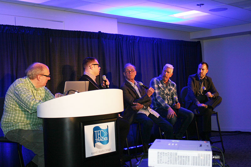 During the session titled 'Bringing It All Together - The Production Designers,' host Michael Eddy and moderator Robb Jibson were joined by Jonathan Smeeton, Bryan Hartley and Brendan Gray.