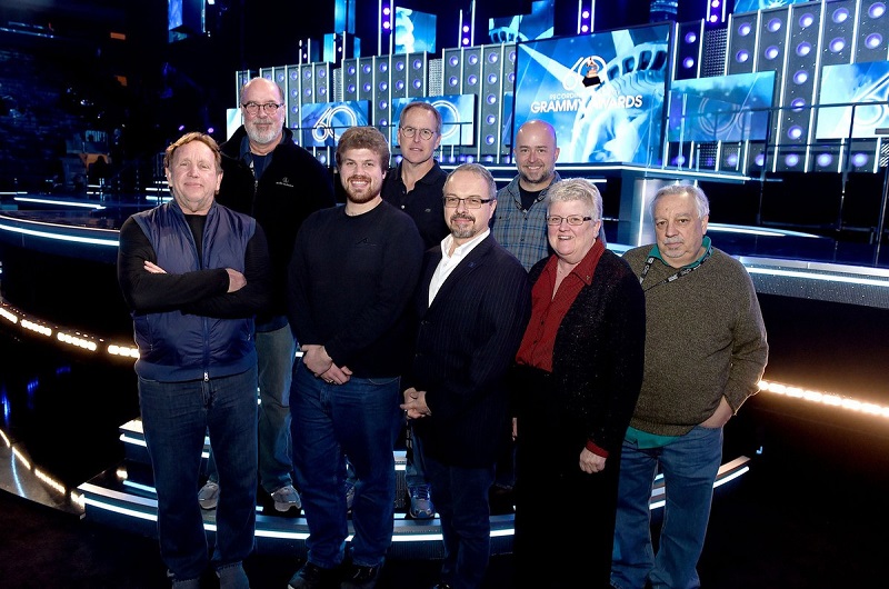 L-R: Ed Cherney, GRAMMY Telecast Advisor for Broadcast Audio; Ron Reaves, FOH Music Mixer; Carl Whitaker, Audio Coordinator Assistant; Mikael Stewart, FOH Production Mixer; Glenn Lorbecki, GRAMMY Telecast Advisor for Music Mix Audio; Russ Long, M3 Preamp Operator; Leslie Ann Jones, GRAMMY Telecast Advisor for House Audio; and Eric Schilling, Co-Broadcast Music Mixer. Photograph courtesy of The Recording Academy®/WireImage. © 2018 Photograph by Kevin Winter.