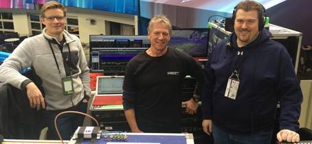 Professional Wireless Systems handled the wireless aspects of on-field audio at the 2018 Super Bowl. From L-R, Cameron Stuckey (RF Technician), Jim Van Winkle (General Manager), and Gary Trenda (Lead RF Technician).