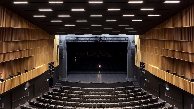 Primarily used for music, dance, comedic, and theater productions, the NEXO system is configured with 16 NEXO GEO S1210, 4 GEO S1230 and 2 NEXO LS18s flown as L & R clusters for the main PA, as well as 3 RS18 Ray Subs located in a central position under the stage, 4 NEXO ID24 speakers, 1 Yamaha MRX7-D processor, 3 NXAMP 4x4, and 3 NXAMP 4x1 amplifiers all running on a Dante network.
