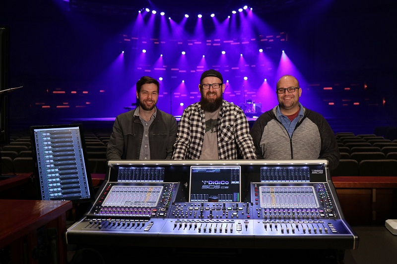 (L-R) North Point Ministries Audio Directors Warren Whitten (Buckhead), Andrew Starke (Alpharetta) and Luke Roetman (Browns Bridge) at North Point Community Church's new DiGiCo SD5cs FOH console