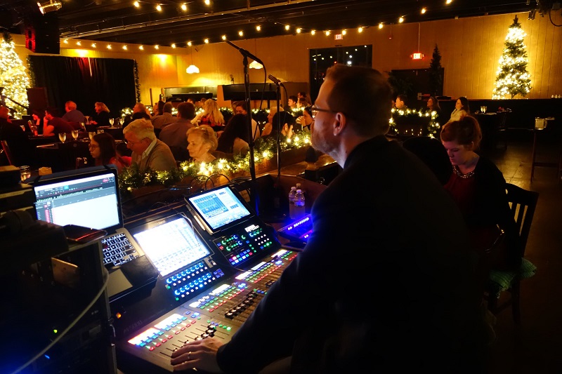 Tim Rushlow and His Big Band performed a series of sold-out shows titled “Home for the Holidays” as they transformed the historic Nashville Palace into a 1960s Vegas-style Supper Club. Pictured is FOH engineer Toby Caldwell, working with the Roland M-5000 OHRCA Live Mixing Console.