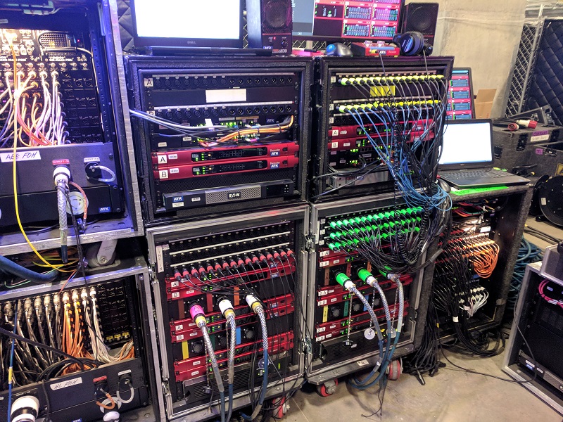 A gear rack operated by ATK Audiotek at Super Bowl LII, featuring Focusrite RedNet components, linking field PA speakers, monitor speakers, wireless microphones and in-ear monitors. Photo courtesy of ATK Audiotek. © 2018.