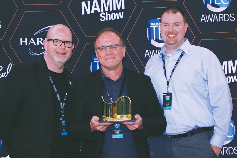 Pictured L-R: Gary Boss, Audio-Technica Marketing Director, Professional Markets; Jeff Simcox, Audio-Technica Executive Director of Marketing Communications; and Chris Nighman, Audio-Technica ‎Product Manager for Professional Wired Products, pictured with Audio-Technica’s 2018 NAMM Technical Excellence & Creativity (TEC) Award for Outstanding Technical Achievement in the “Microphones – Recording” category, at the 33rd Annual TEC Awards, presented Saturday, January 27, 2018, at The NAMM Show in Anaheim, California. Photo courtesy of the NAMM Foundation/TEC Awards.