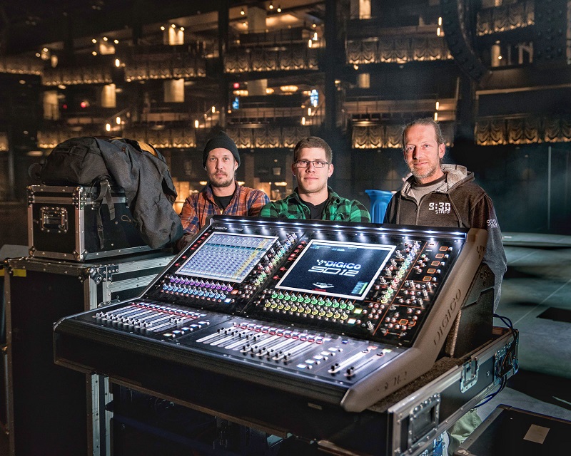 (L-R) I.M.P.’s Travis Walat, Sam Morehead and Chris “Sherman” Robb at The Anthem’s monitor mix position with one of the venue’s two new DiGiCo SD12 desks (c) John Shore