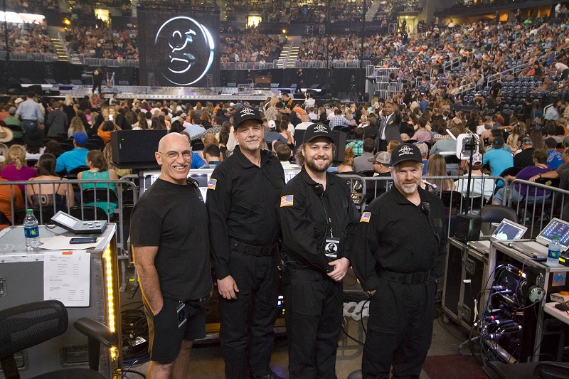 (from left to right) Pat O'Neill, crew chief; Dan Heins, FOH engineer & sound designer; Josh Sadd, sound designer & Clair Brothers chief engineer; and Rob Rankin, system engineer. (c) Ben Krebs