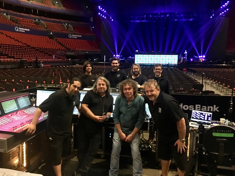 Back row: Joel Larson, Alex McCormack, Tim Seconi, and Andrew Dowling SE from Clair Global Front row: Tech Sean Baca, FOH engineer Paul “Pab” Boothroyd, monitor engineer John “Grubby” Callis, and monitors system engineer Paul Swan