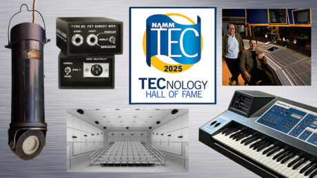 Inductees for the 2025 NAMM TECnology Hall of Fame, clockwise from left: Western Electric Model 47a microphone; Countryman Associates’ Type 85 FET Direct Box; Solid State Logic SL 9000 J Series console (installed in New York’s Right Track Recording); E-mu Systems’ Emulator II; and Meyer Sound Labs’ Constellation electroacoustic architecture system.