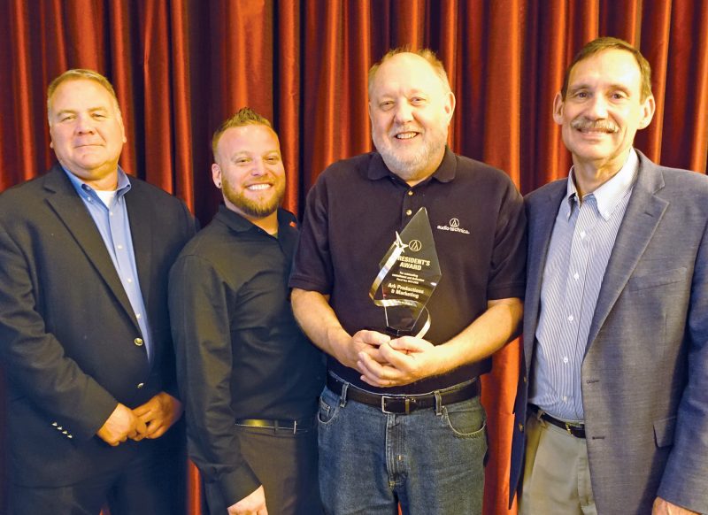 Pictured L-R: Reid Peterson (Audio-Technica U.S. Director of Sales, Professional Markets), Jeff Beck (Audio-Technica U.S. Eastern Territory Sales Manager, Professional Markets) Tim Chamberlain (principal, Ark Productions) and Phil Cajka (Audio-Technica U.S. President and Chief Executive Officer), at the ceremony presenting Audio-Technica’s President’s Award during the 2018 InfoComm Expo on June 5 in Las Vegas