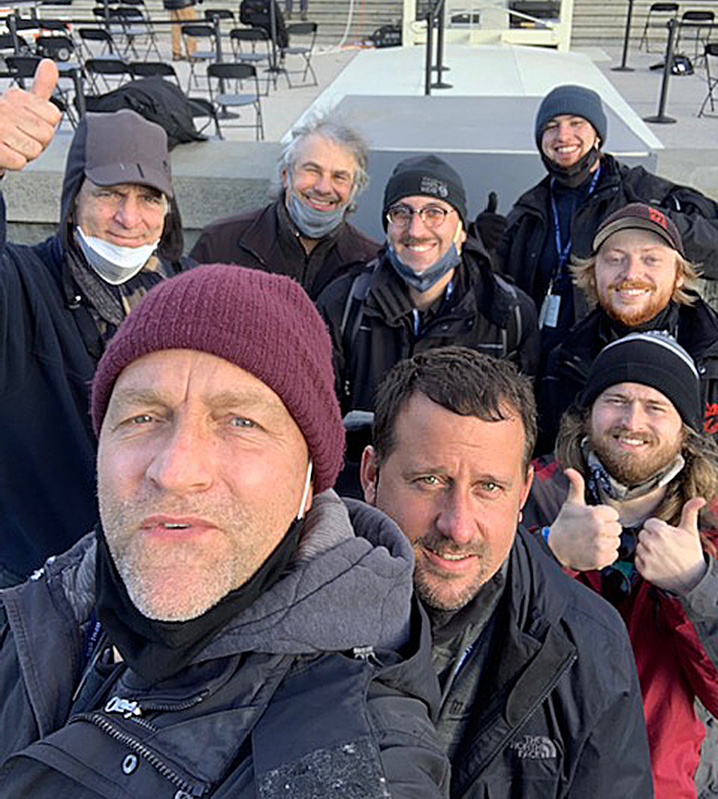 The Maryland Sound International team, pictured at the 2021 U.S. Presidential Inauguration. Pictured L-R, back row: Art Isaacs, Brian Bednar, Maxwell Seltenrich, Jacob Shatuck, Ryan Bode; front row: Sven Giersmann, Paul White, Nevin Brabham.