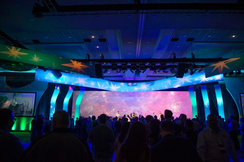 The actual system included two clusters of eight Martin Audio WPC for left and right mains plus four center-flown clusters of four WPM for center and front fill coverage.