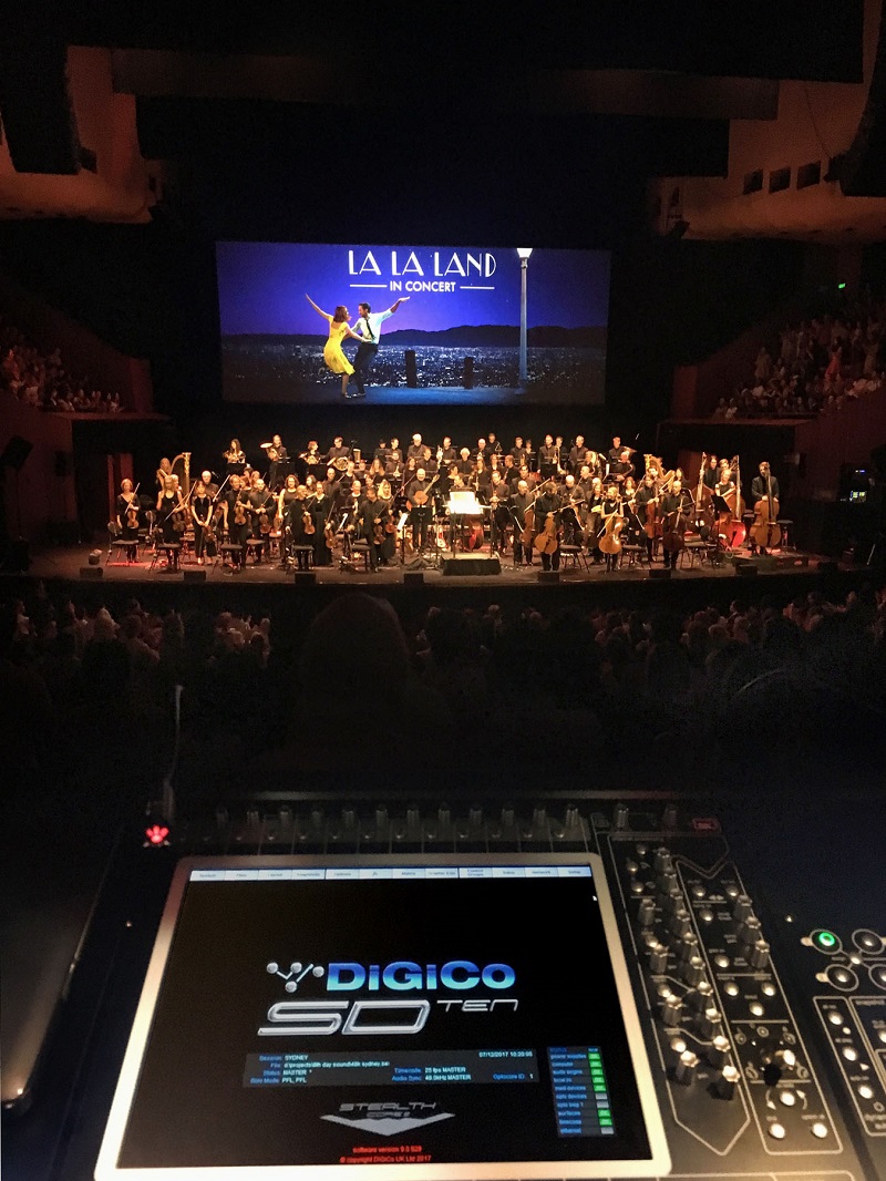 A DiGiCo SD10 at Sydney Opera House’s FOH mix position for La La Land in Concert’s Australian performances