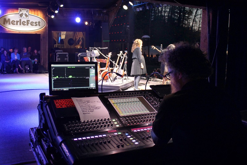 Bela Fleck and Abigail Washburn on MerleFest’s Watson Stage, with monitors being mixed on a DiGiCo SD10 console