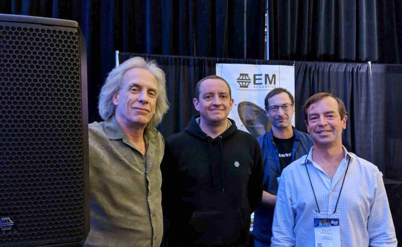 The EM Acoustics team (left-right): Bill Coons, Contact Distribution (Canada; Ed Kinsella, Director EM Acoustics; James Shearing, EM Acoustics North America and Scott Wrege, Pacific AV