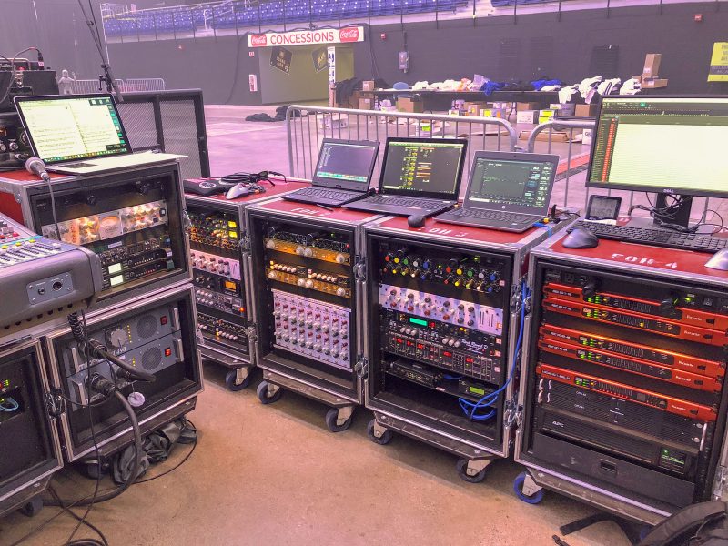 Firehouse Productions’ RedNet-based drive system racks on site at a recent outdoor gig.