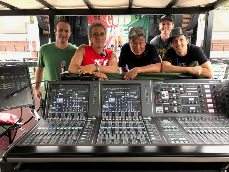 Matt Kornick, Monitor Engineer; Ettore (ET) Dedivitiis, Production Manager/FOH; Son Nishimura, FOH System Engineer (Sound Image); Standing behind Nishimura - Jacob Lamb, Stage and Monitor System Tech (Sound Image); and Jason Mraz