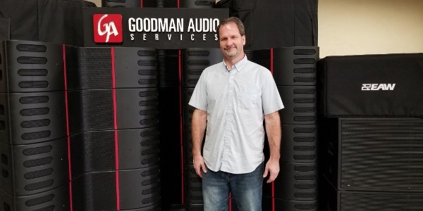 Goodman Audio Services owner Trace Goodman with his new EAW Adaptive rig made up of Anna modules and Otto subwoofers.
