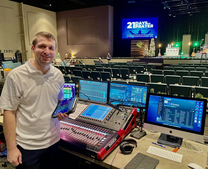 Technical director Coltyn Cooley at Lakewood Baptist Church’s house mix position with a tablet running KLANG:app