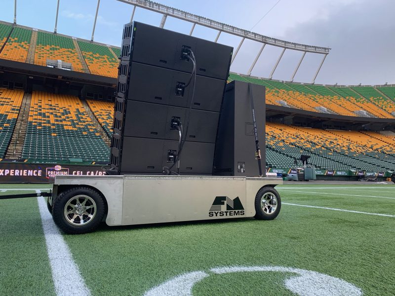 A close-up view of one of FM Systems’ custom-fabricated K1/KS28 carts at Edmonton’s Commonwealth Stadium