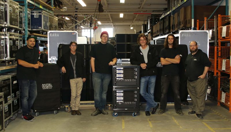 Metalworks Production Group crew with a few of their L-Acoustics systems (left to right): Chris Nandlal (Audio System Specialist), Mike Primeau (General Manager), Kory Vanderiviere (Audio Systems Specialist), Gil Moore (President & CEO), Cole McConnell (Audio Assistant), and Jeff Blain (Production Manager)