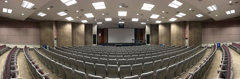 A wide-angle perspective of Neeb Hall, one of the largest lecture spaces on ASU’s historic Tempe campus