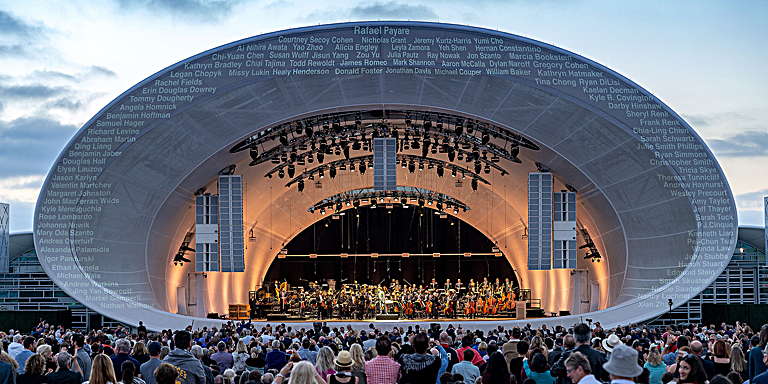 The Rady Shell at Jacobs Park in San Diego, home of the San Diego Symphony Orchestra, where Soundforms designed the shell enclosure and audiences enjoy sound technology from L-Acoustics