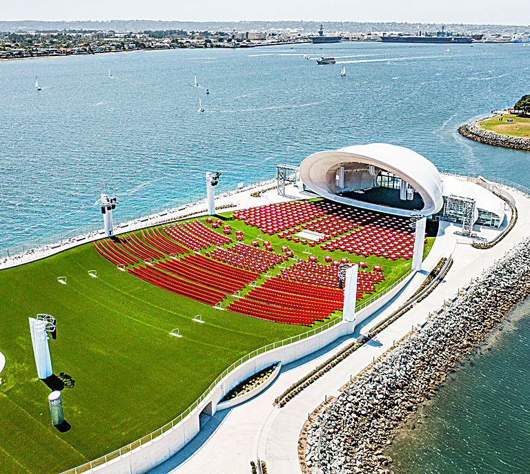 The Rady Shell at Jacobs Park in San Diego, home of the San Diego Symphony Orchestra, where Soundforms designed the shell enclosure and audiences enjoy sound technology from L-Acoustics