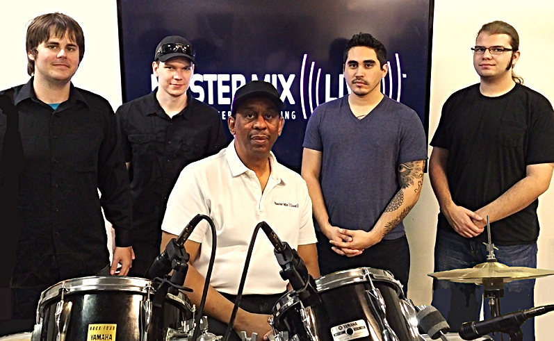 Master Mix Live 2016 graduating class, with instructor Rick Camp (center at drums). Graduates include, from left, David Divito,  Olli Jarvelainen, Steffen Orozco and Adam Van Rossum.