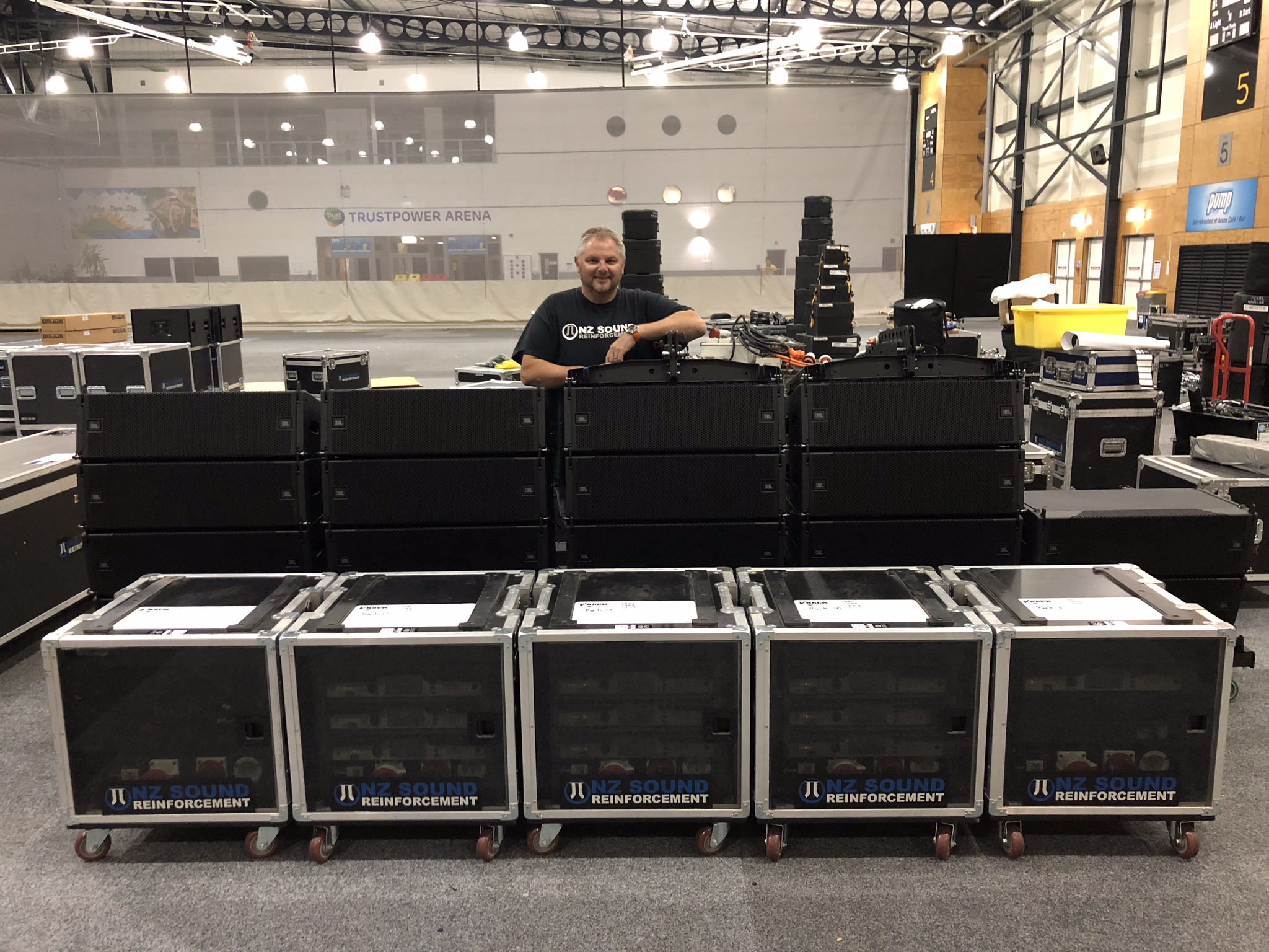 NZ Sound’s Ray Ward with the latest addition to his inventory, JBL’s compact VTX A8 line array.