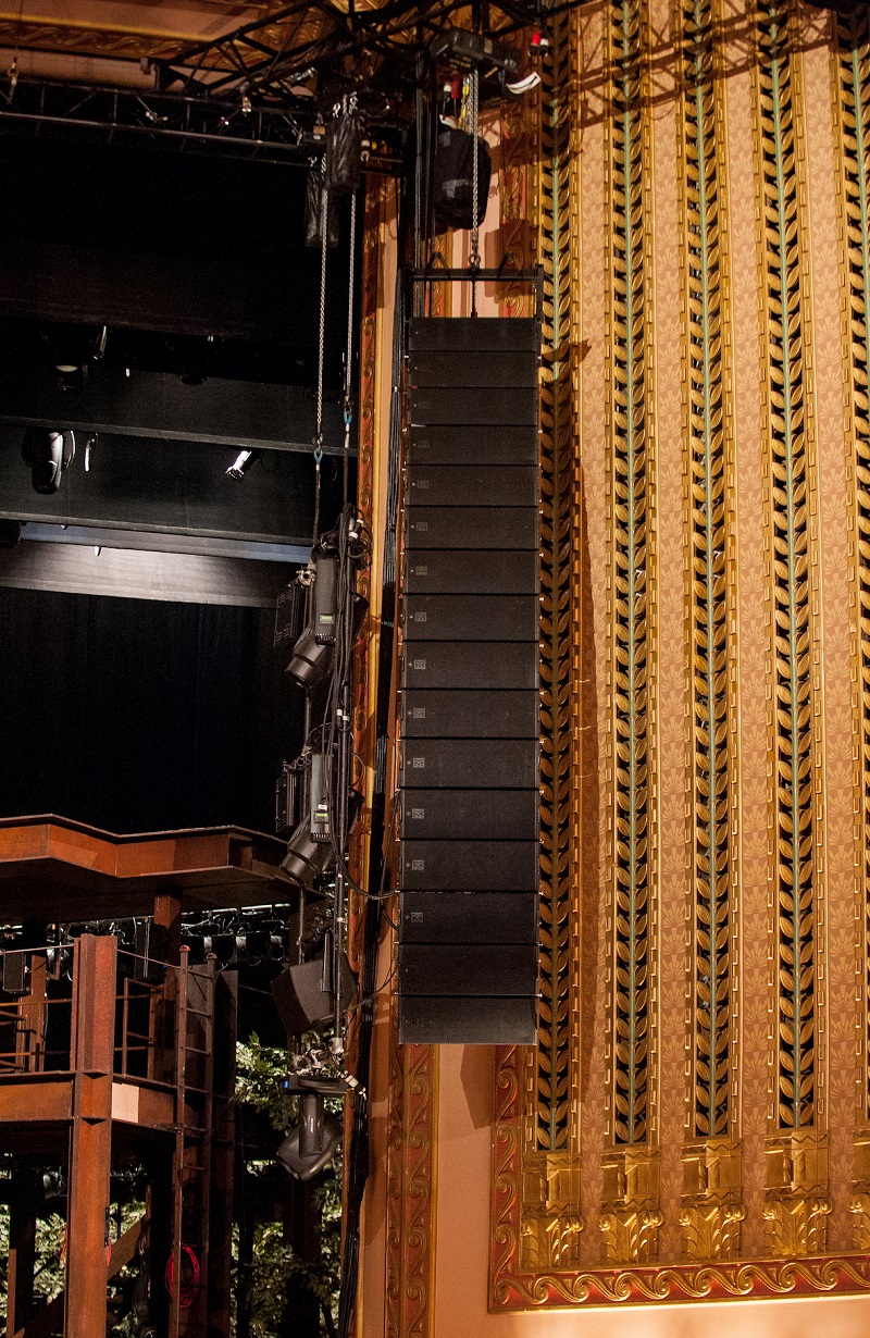 Given the low rigging height, the MLA Compact had to be flown low out in front of the proscenium to avoid blocking sight lines, which makes them very visible to audiences, a deliberate move in this case to reinforce the original concept of Rock Opera.