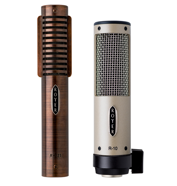 (left to right) Royer’s just-released R-121 “Distressed Rose” and the R-10 “Hot Rod.” microphones