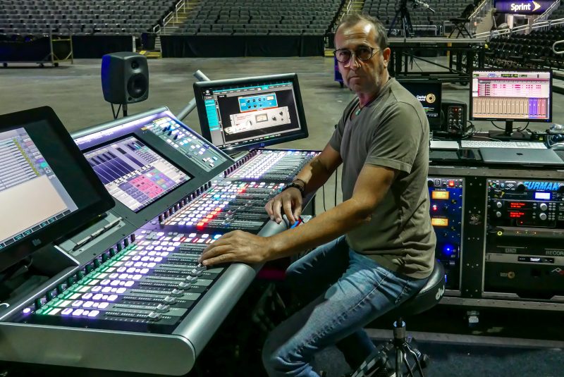 Front of House Engineer Jim Ebdon sat with his SSL L200 console, on tour with Sam Smith.